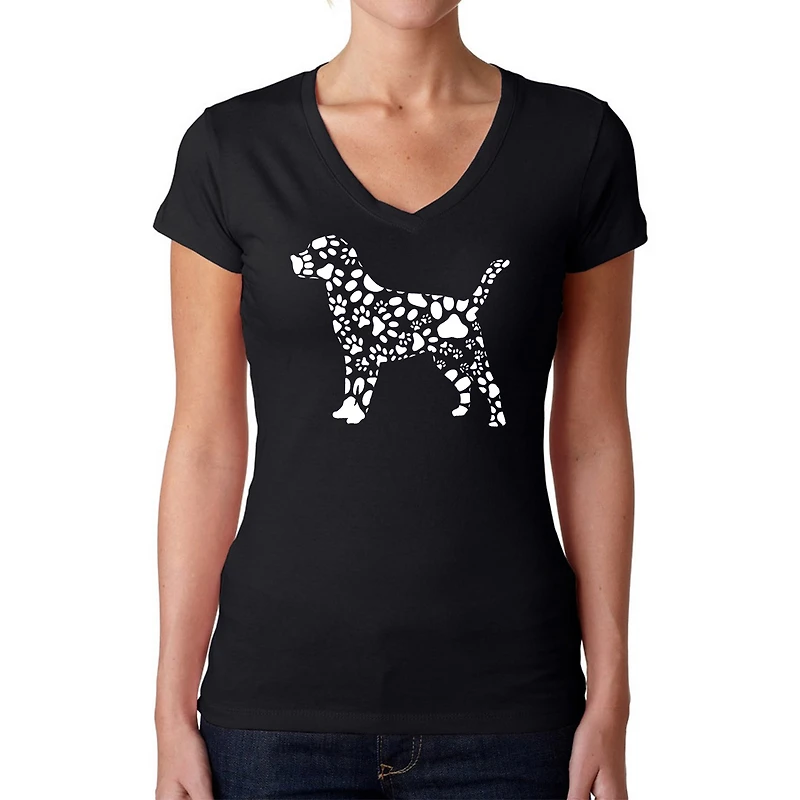 LA Pop Art Womens Word Art V-Neck T-Shirt - Dog Paw Prints