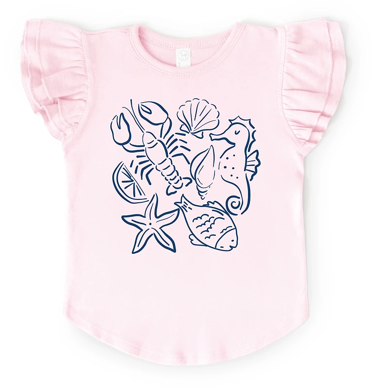 The Juniper Shop - Nautical Animals Outlined Flutter Sleeve Graphic T-Shirt