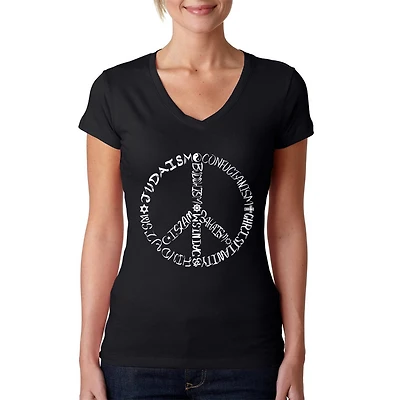 LA Pop Art Womens Word V-Neck T-Shirt - Faiths Peace SIgn