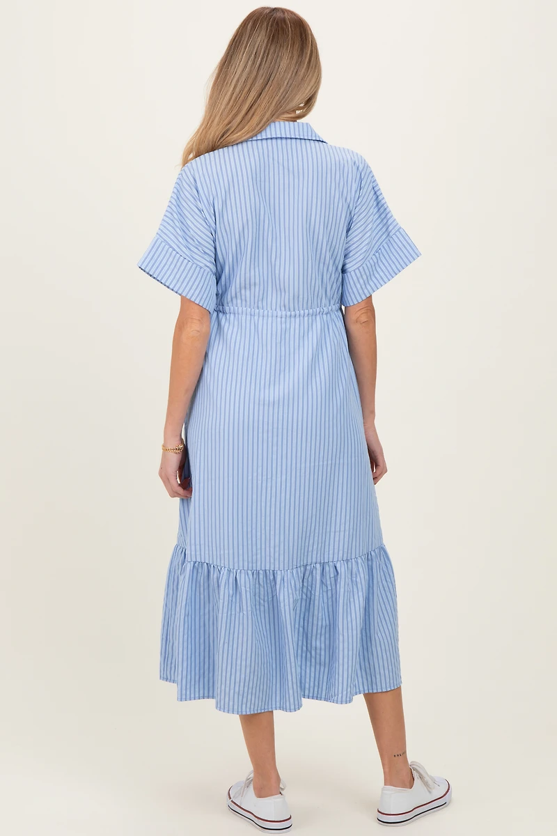 PinkBlush Womens Light Blue Striped Button Collared Maternity Midi Dress