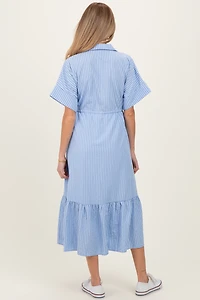 PinkBlush Womens Light Blue Striped Button Collared Maternity Midi Dress