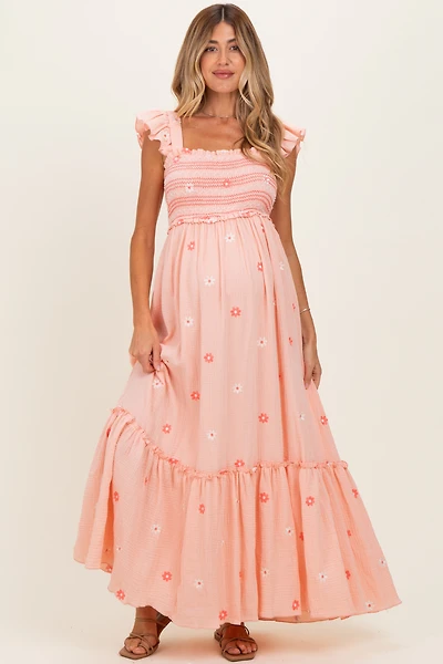 PinkBlush Womens Green Floral Embroidered Smocked Maternity Maxi Dress