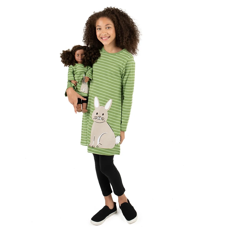 Girl & Matching Doll Set - Cotton Green White Striped Easter Bunny Dress