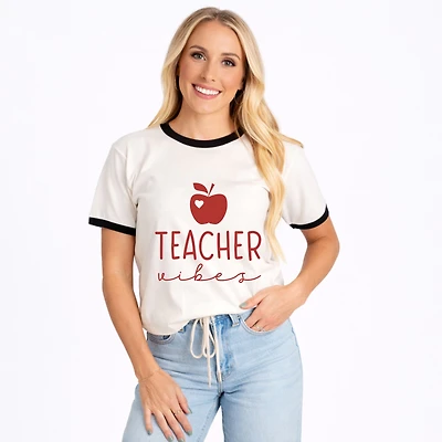 Simply Sage Market - Teacher Vibes Cursive Apple Women's Ringer Graphic T-Shirt