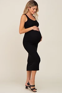 PinkBlush Womens Black Ribbed Basic Maternity Maxi Dress