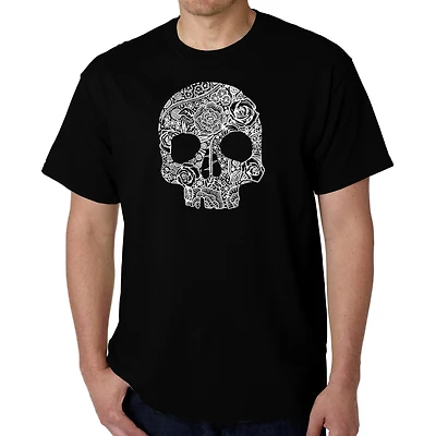 LA Pop Art Men's Flower Skull Word T-Shirt, 100% Cotton Crew Neck Short Sleeve