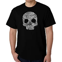 LA Pop Art Men's Flower Skull Word T-Shirt, 100% Cotton Crew Neck Short Sleeve