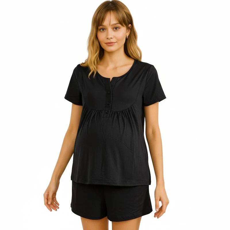 Anna-Kaci Women's 2-Piece Maternity Pajama Set with Short Sleeve Henley Top and Stretch Shorts