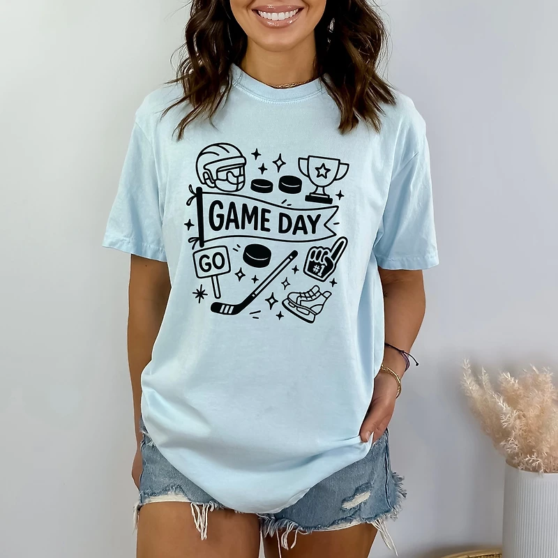 Simply Sage Market - Women's Garment Dyed Graphic T-Shirt Hockey Game Day Doodles