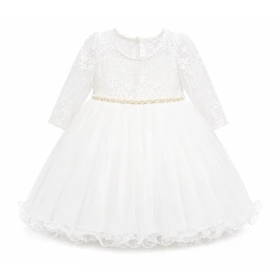 Laurenza's Baby Girls Long-Sleeve Pearl Lace Baptism Dress