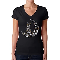 LA Pop Art Womens Word V-Neck T-Shirt - Cat Sitting On Moon