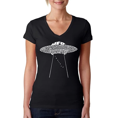 LA Pop Art Womens Word V-Neck T-Shirt - Flying Saucer UFO