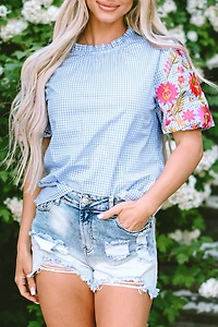 Threaded Pear Women's Pearl Gingham Floral Embroidered Puff Sleeve Blouse