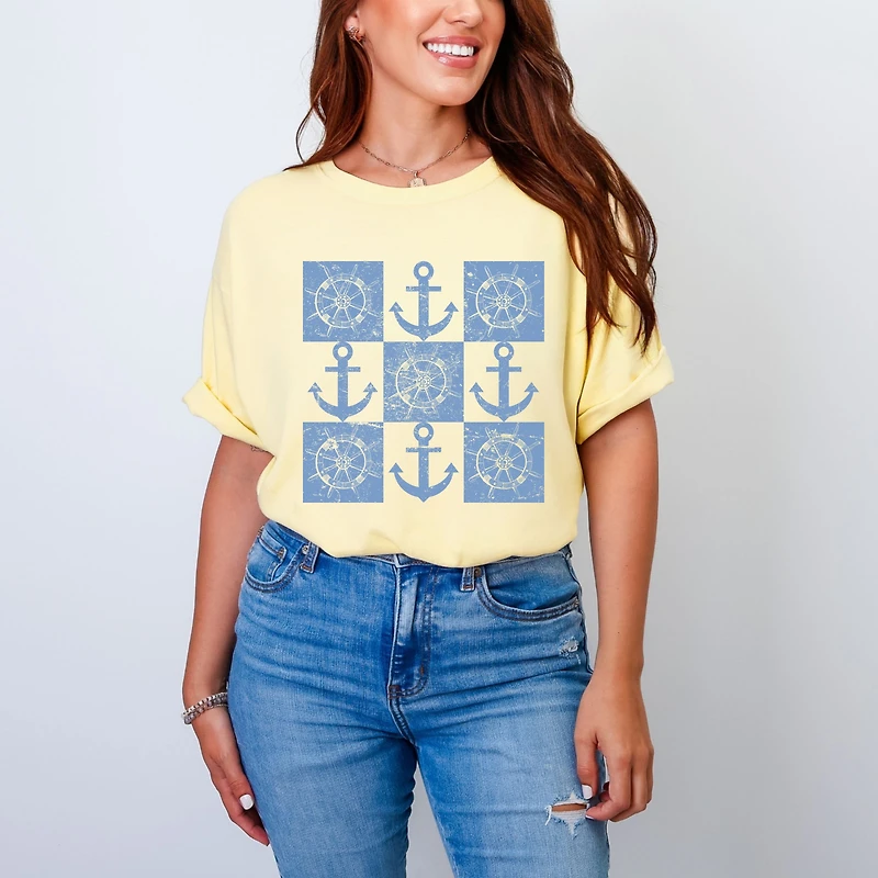 Simply Sage Market - Anchor Wheel Grid Women's Garment Dyed Graphic T-Shirt