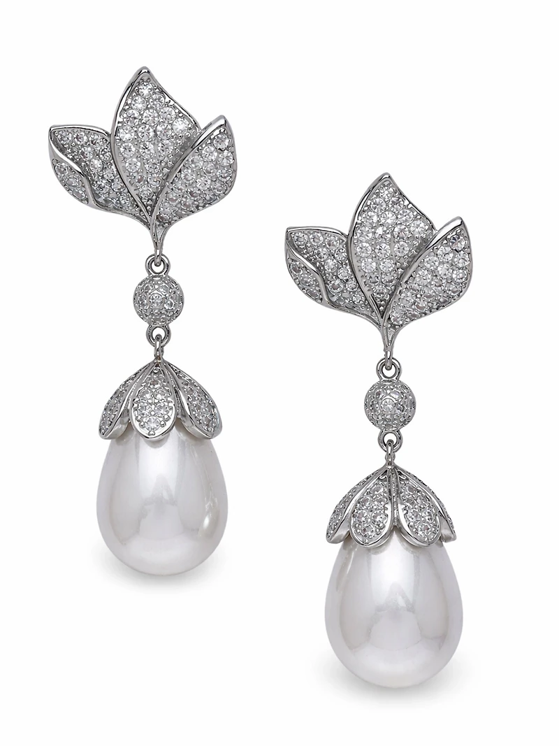 AGP PARIS Womens Leaf Pavé Pearl Drop Earrings