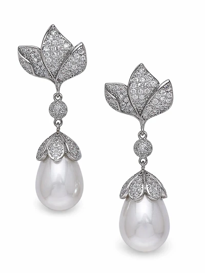 AGP PARIS Womens Leaf Pavé Pearl Drop Earrings