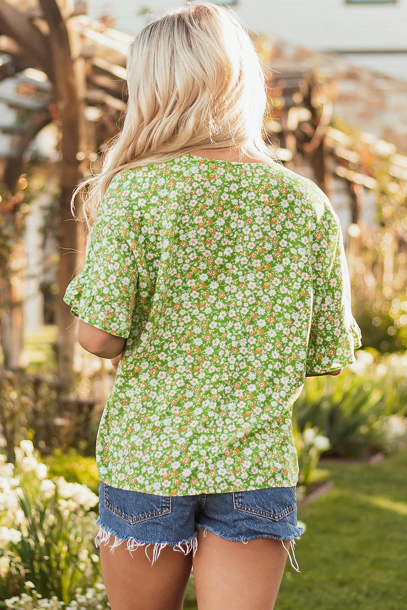 Threaded Pear Women's Yusra FloralRuffle Sleeve V Neck Blouse