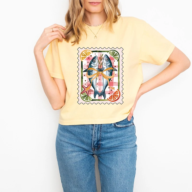 Simply Sage Market - Sardines Stamp Women's Boxy Crop Top Graphic T-Shirt