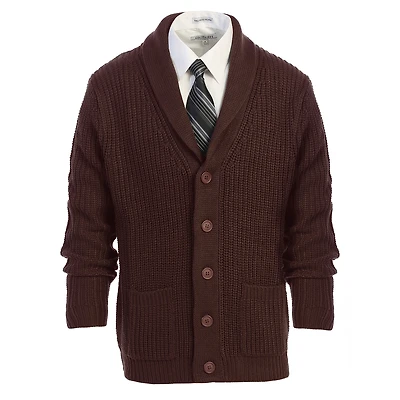 Gioberti Men's Heavy Weight Shawl Collar Knitted Regular Fit Cardigan With Faux Suede Elbow Patch