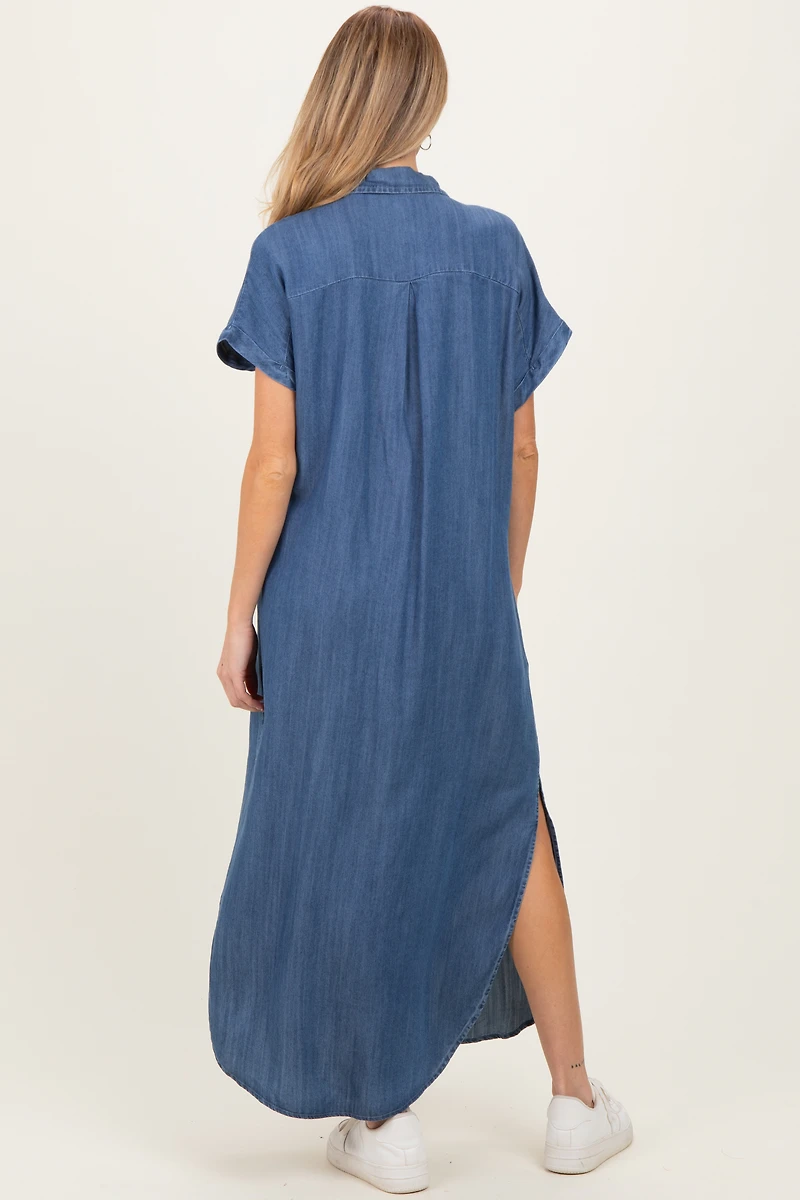PinkBlush Womens Blue Chambray Button Down Maternity Shirt Dress
