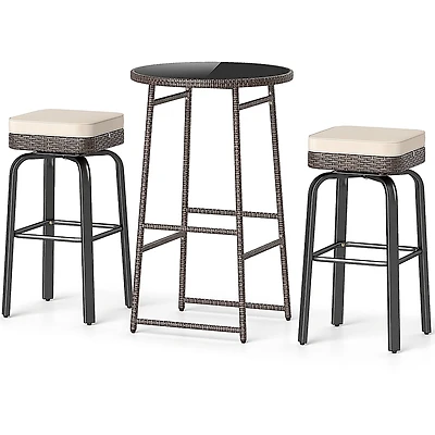 SUGIFT Outdoor Swivel Bar Set with Table and 400-lb Chairs Mix Brown Rattan with Off White Cushions