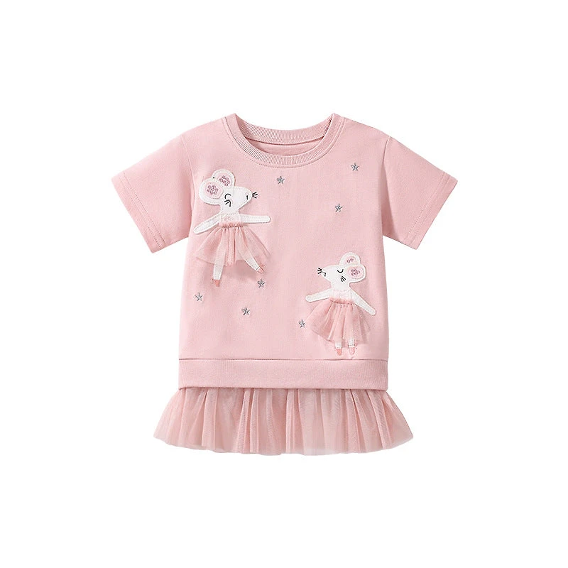 MyKids-USA Pink Tulle Dress for Girls with Dancing Mouse Print, Short Sleeves, Cotton Lining