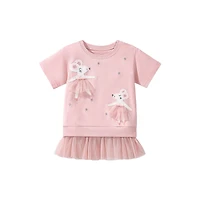 MyKids-USA Pink Tulle Dress for Girls with Dancing Mouse Print, Short Sleeves, Cotton Lining