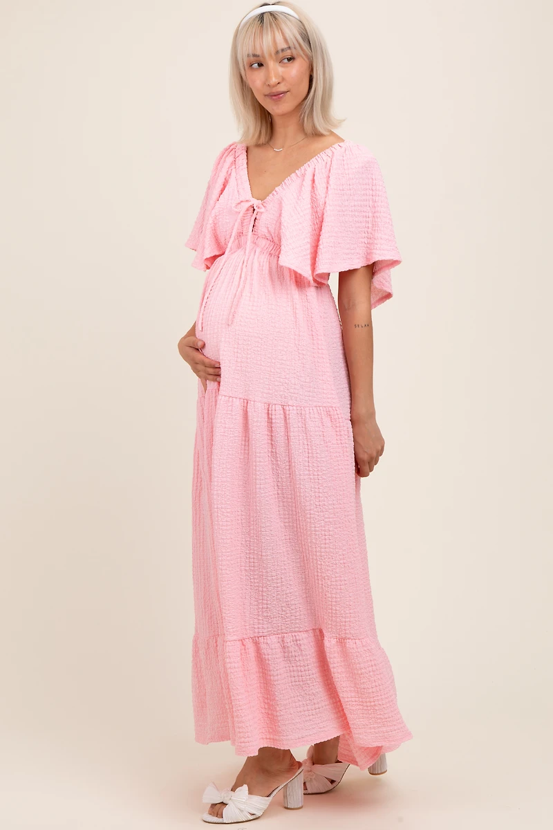 PinkBlush Womens Light Pink Woven Textured Flutter Sleeve V-Neck Tiered Maternity Maxi Dress