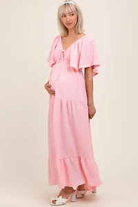 PinkBlush Womens Light Pink Woven Textured Flutter Sleeve V-Neck Tiered Maternity Maxi Dress
