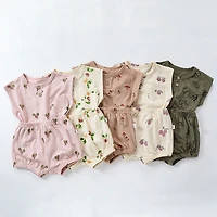MyKids-USA Summer Baby Kids Unisex Floral/Fruit Printing Sleeveless Crew Neck Vest And Shorts Clothing Sets
