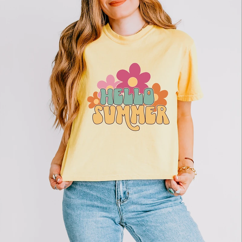 Simply Sage Market - Hello Summer Flowers Women's Boxy Crop Top Graphic T-Shirt