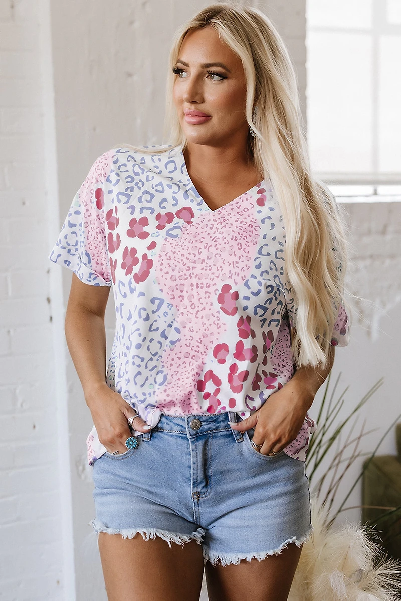 Threaded Pear Women's Luisa Leopard V Neck Short Sleeve Blouse