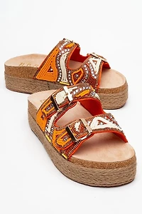 Prologue Shoes Womens Bobby Beaded Straw Platform Slide Sandal