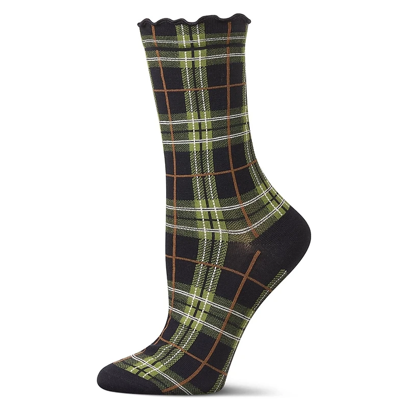 MeMoi Women's Classic Plaid Lettuce Edge Crew Socks