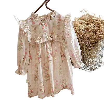 MyKids-USA French-Style Autumn Girls Floral Ruffle Long Sleeve Twirl Dress