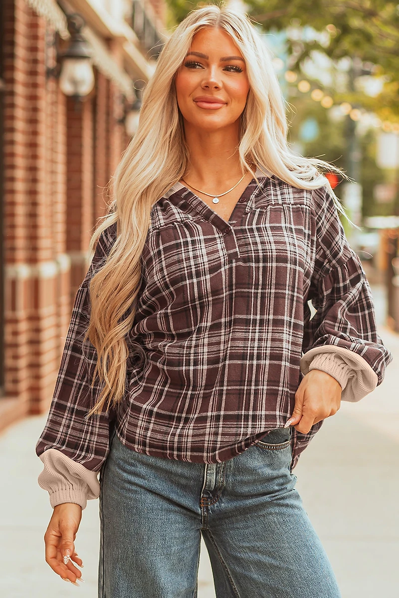 Threaded Pear Women's Lauren Plaid Patchwork Long Sleeve Hooded Top
