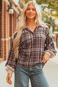 Threaded Pear Women's Lauren Plaid Patchwork Long Sleeve Hooded Top
