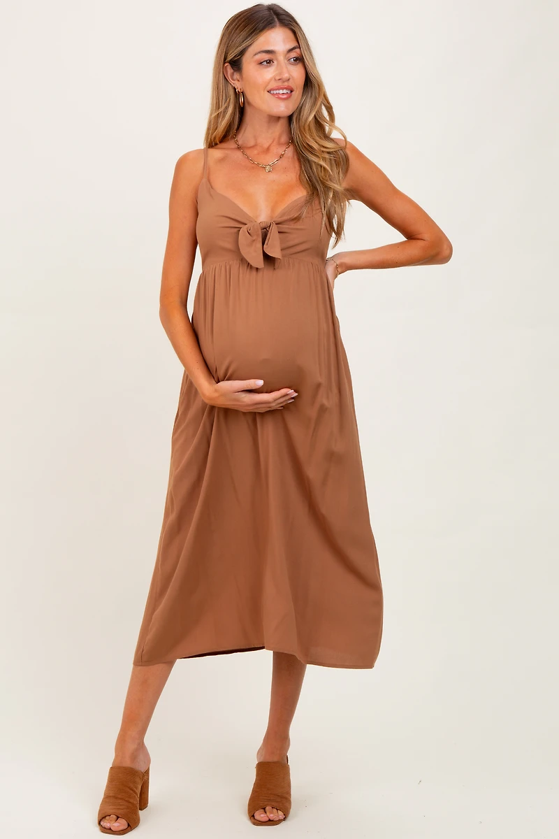 PinkBlush Womens Camel Front Tie Sleeveless Maternity Midi Dress