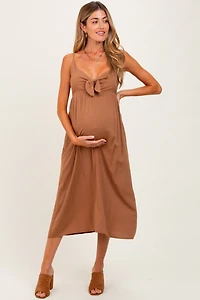 PinkBlush Womens Camel Front Tie Sleeveless Maternity Midi Dress