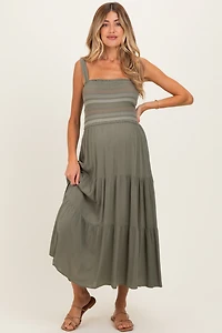 PinkBlush Womens Olive Embroidered Smocked Maternity Midi Dress