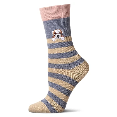 MeMoi Women's "Just Hanging" Striped Embroidered Cotton Rich Novelty Crew Socks