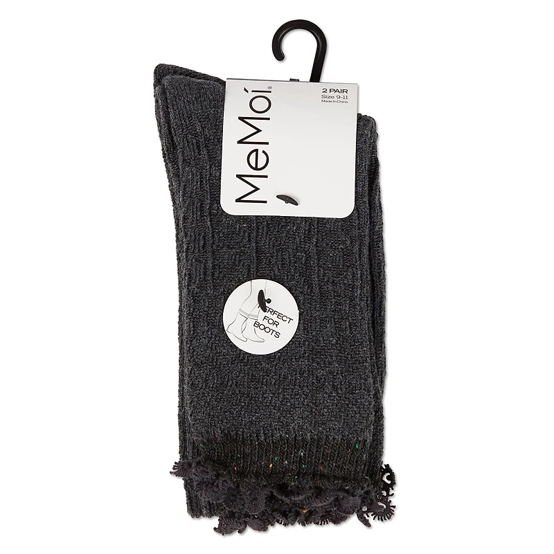 MeMoi 2 Pair Women's Combed Cotton-Rich Crew Socks