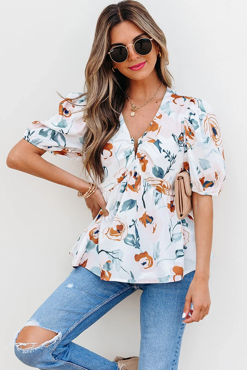 Threaded Pear Women's Salome Floral Puff Sleeve V Neck Babydoll Blouse