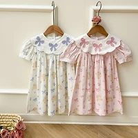MyKids-USA Toddler Girls Summer Dress - Short Sleeves, Embroidered Collar, Floral Teddy Print - Cotton Blend
