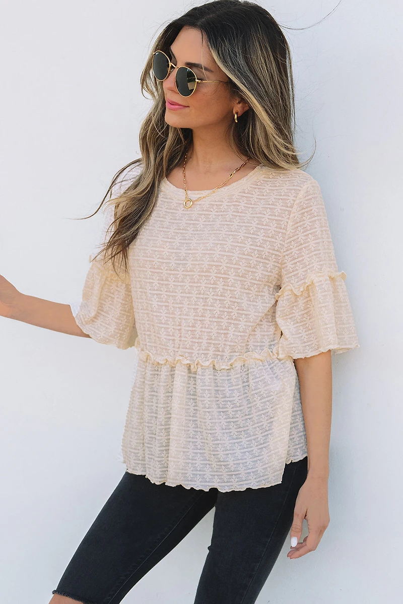 Threaded Pear Women's Oaklyn Textured Ruffled Short Sleeve Blouse