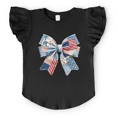 The Juniper Shop - Patriotic Bow Faux Denim Patchwork Flutter Sleeve Graphic T-Shirt
