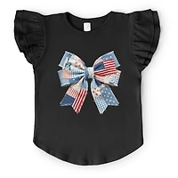 The Juniper Shop - Patriotic Bow Faux Denim Patchwork Flutter Sleeve Graphic T-Shirt