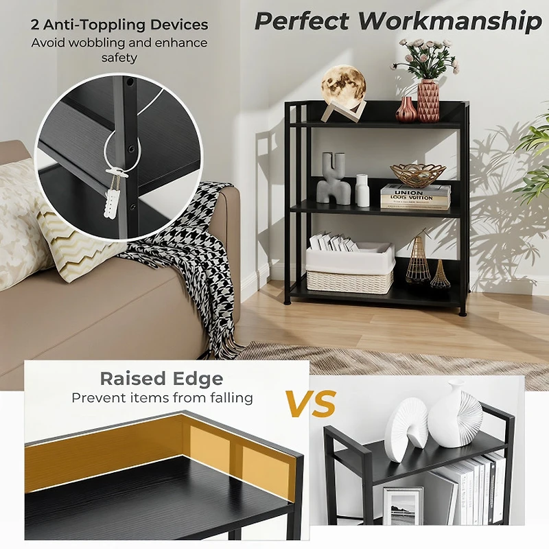 SUGIFT 3-Tier Black Corner Bookshelf with Adjustable Shelves 27.5-in W 14-in D 32-in H 110-lb Top Shelf