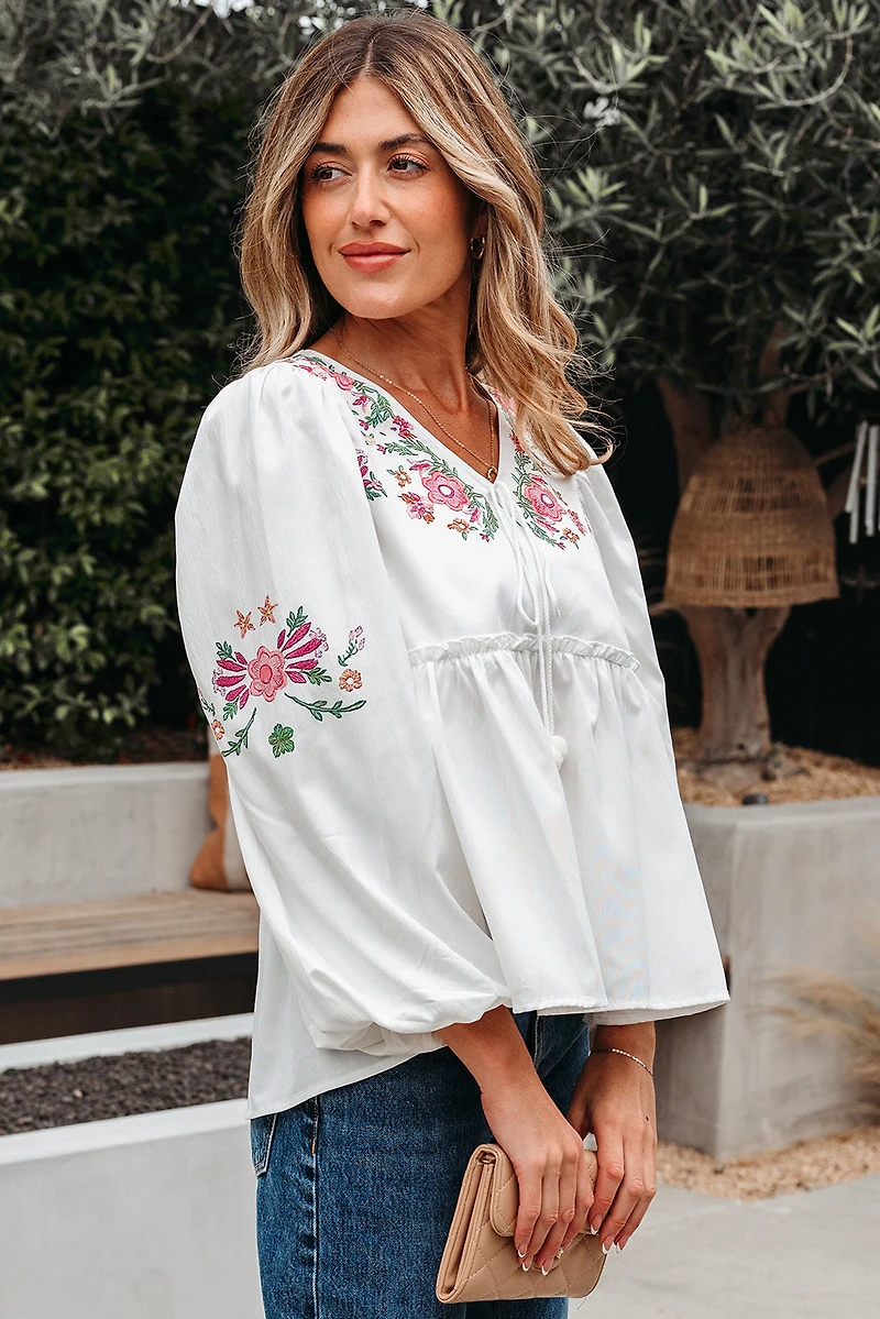 Threaded Pear Women's Skylar Flower Lace-up Babydoll Blouse