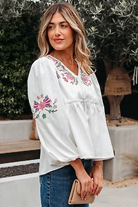 Threaded Pear Women's Skylar Flower Lace-up Babydoll Blouse